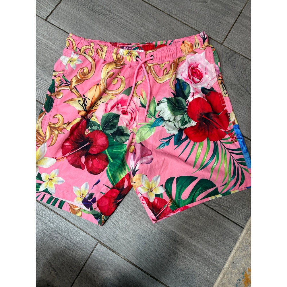 Fashion Nova Men Pink Tropical Floral Baroque Swim Trunks Shorts Small